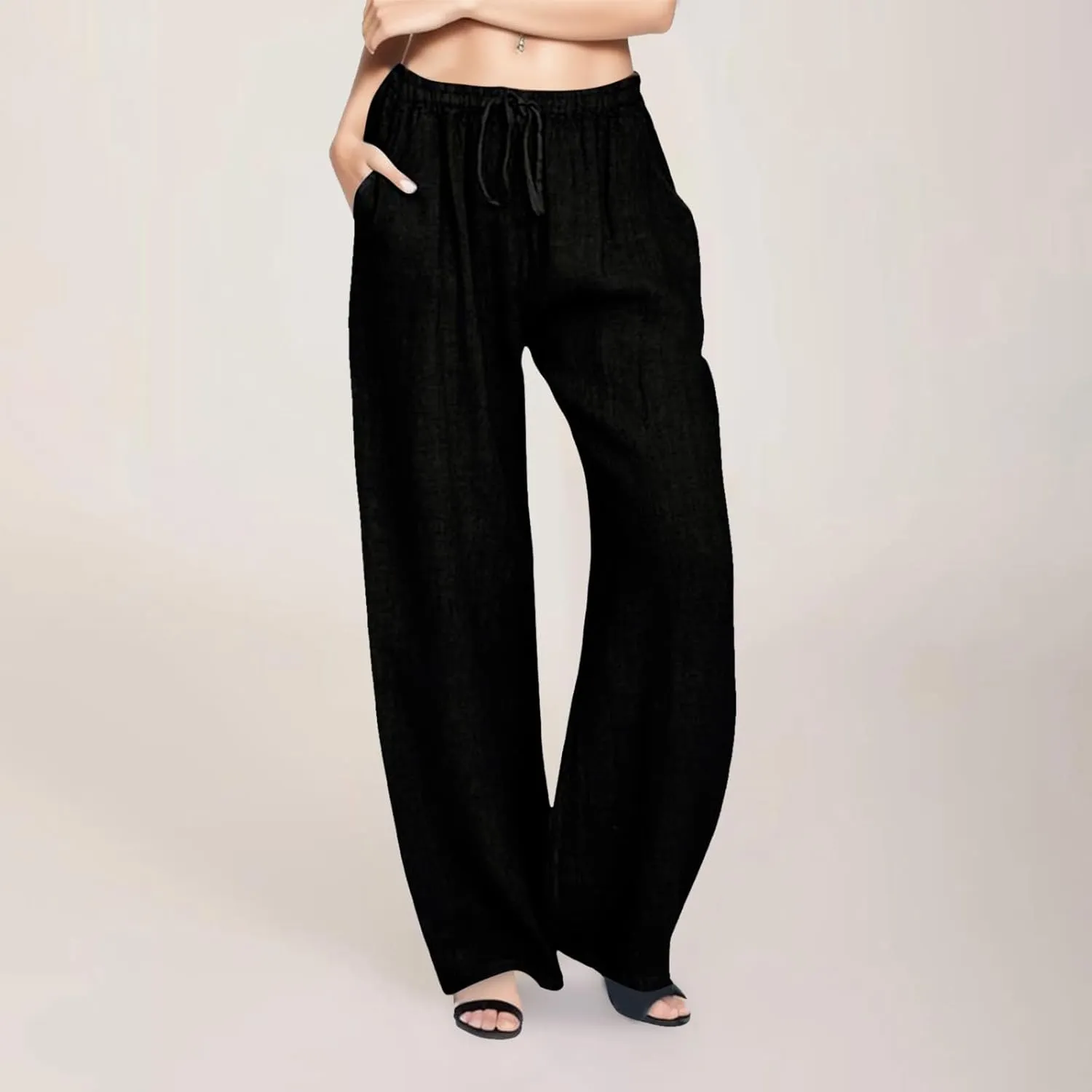 Wide Leg Palazzo Pants for Women 2025 Summer Drawstring Elastic Waist Loose Fit Lounge Trousers with Pockets