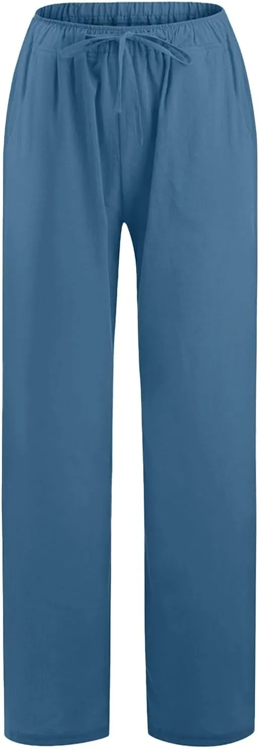 Wide Leg Palazzo Pants for Women 2025 Summer Drawstring Elastic Waist Loose Fit Lounge Trousers with Pockets