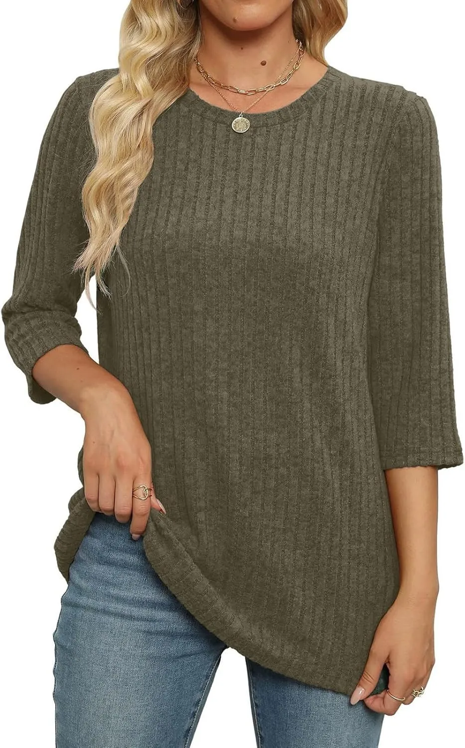Winter 3/4 Length Sleeve T Shirts Loose Fit Ribbed Knit Cozy Sweaters Plus Size Sweatshirts