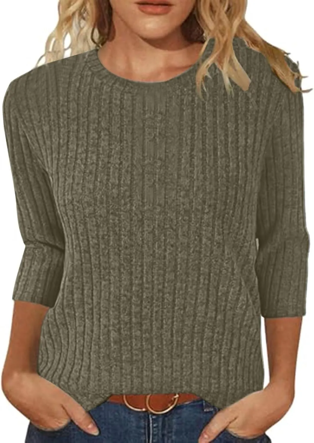 Winter 3/4 Length Sleeve T Shirts Loose Fit Ribbed Knit Cozy Sweaters Plus Size Sweatshirts