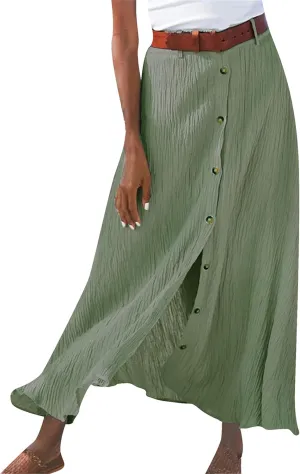 WIWIQS Women Spring Summer Long Skirts High Waisted Split Beach Maxi Skirt Flowy Button Front Skirt