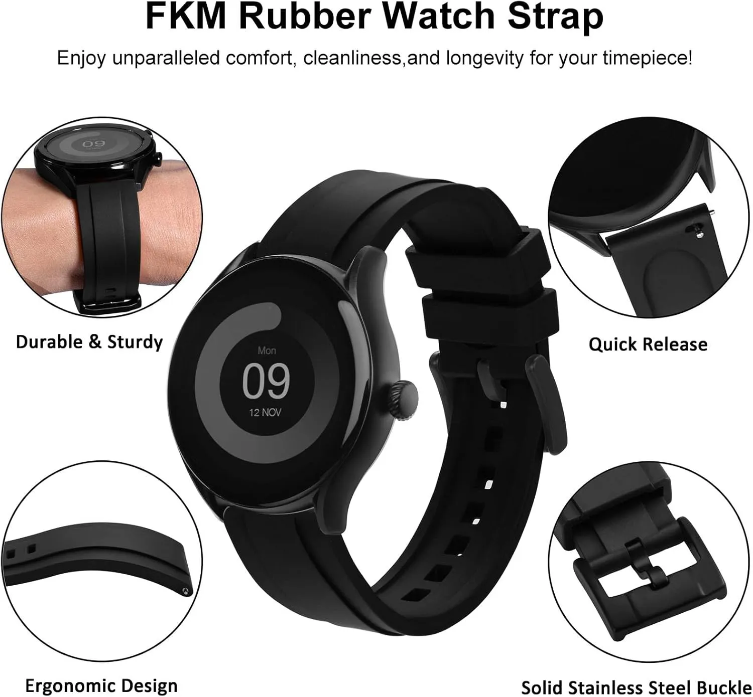 WOCCI 24mm Hevea Watch Band, FKM Rubber (Not Silicone), Quick Release Replacement Strap for Men, Black Buckle (Black)