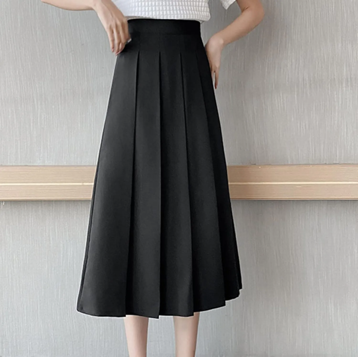 Women A-Line Pleated High Waist Maxi Skirt Solid Skirt Skater Tennis School Uniform A-line Midi Skirts