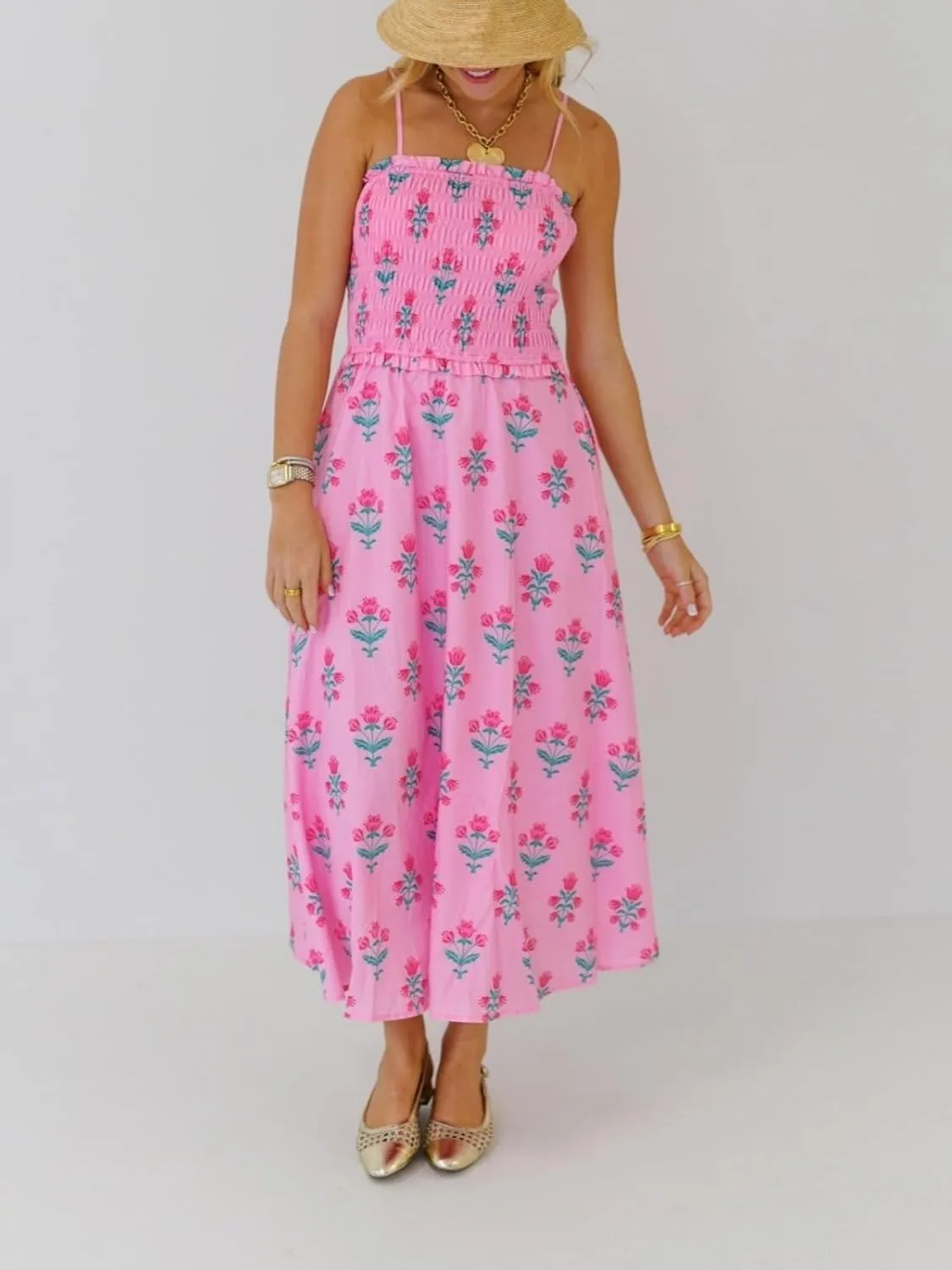 Women Boho Cami Maxi Dress Spaghetti Strap Smocked Long Dress Swing Tiered A-line Dresses Summer Beach Sundress