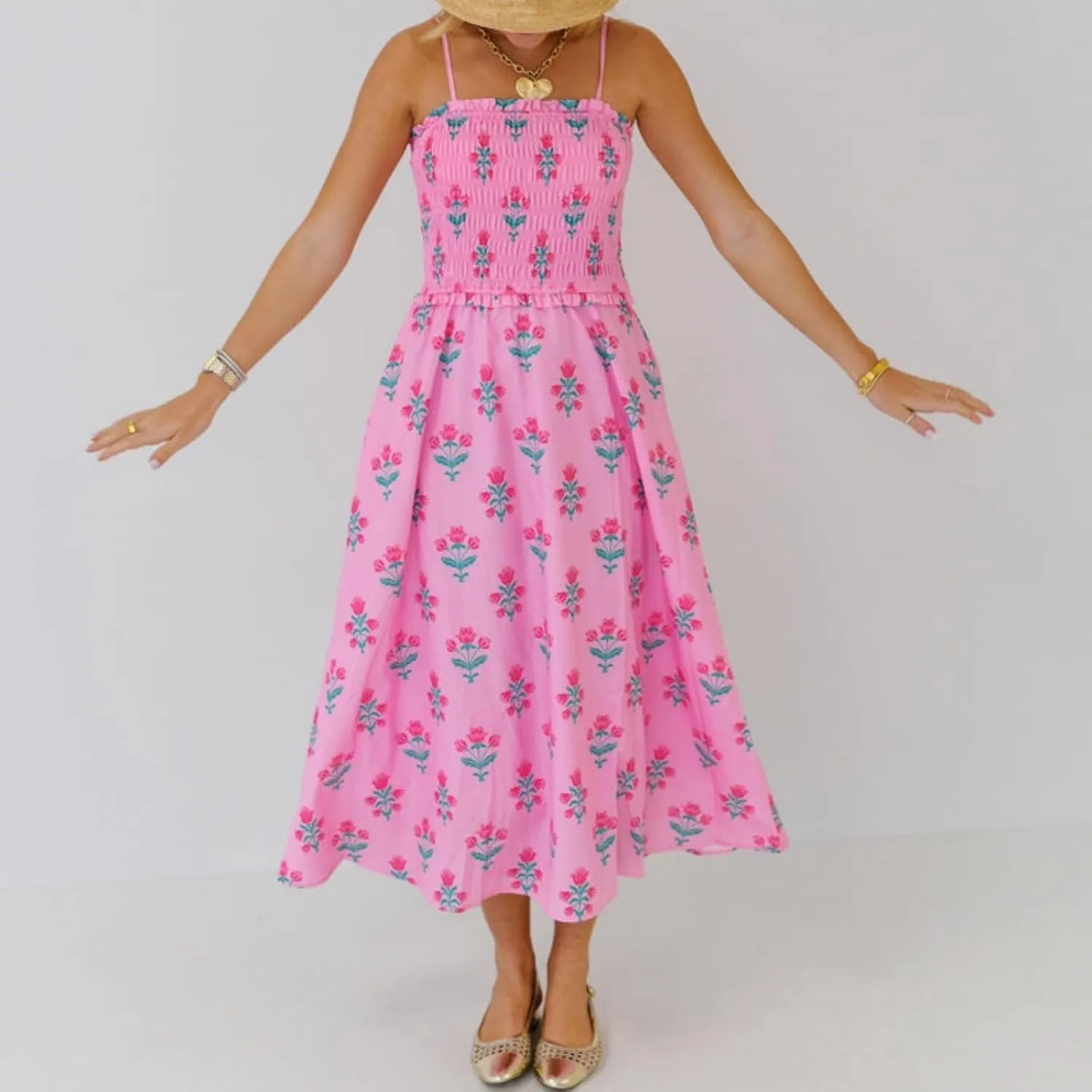 Women Boho Cami Maxi Dress Spaghetti Strap Smocked Long Dress Swing Tiered A-line Dresses Summer Beach Sundress