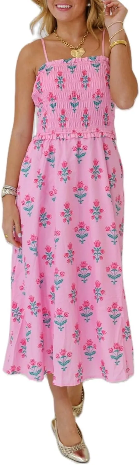 Women Boho Cami Maxi Dress Spaghetti Strap Smocked Long Dress Swing Tiered A-line Dresses Summer Beach Sundress