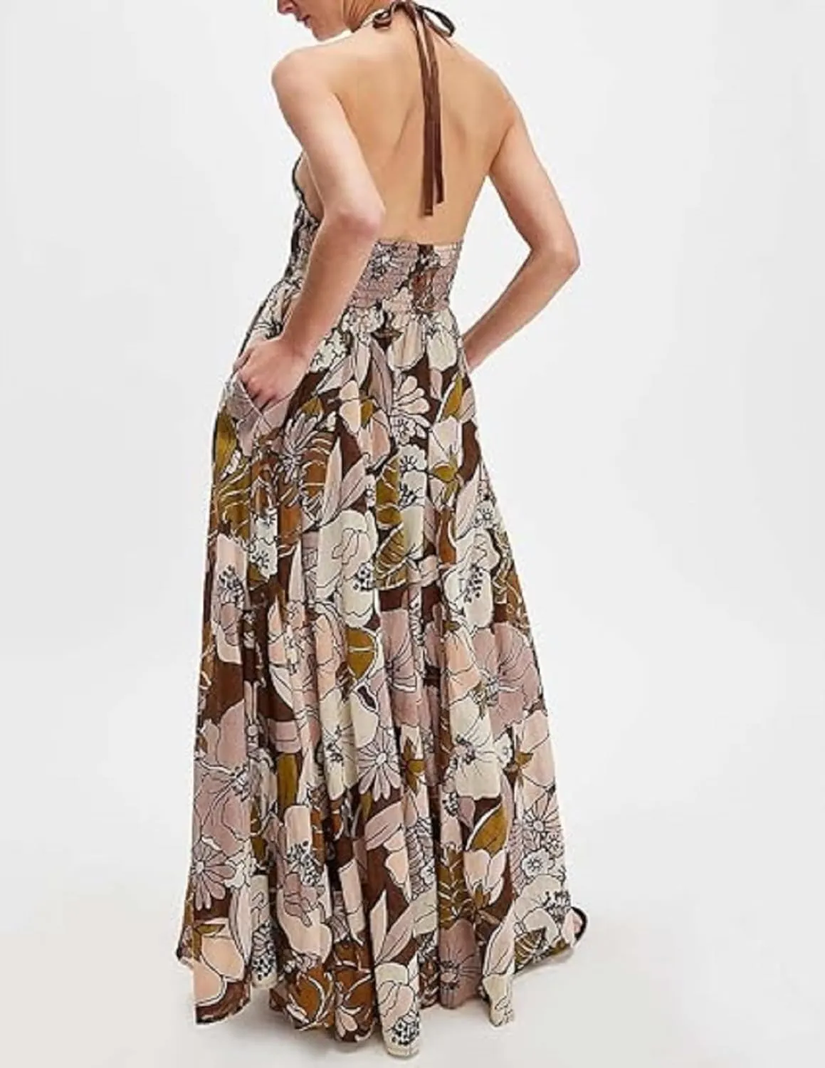 Women Boho Floral Halter Maxi Dress Sleeveless V Neck Backless Flowy Long Dresses Y2K Beach Vacation Summer Sundress