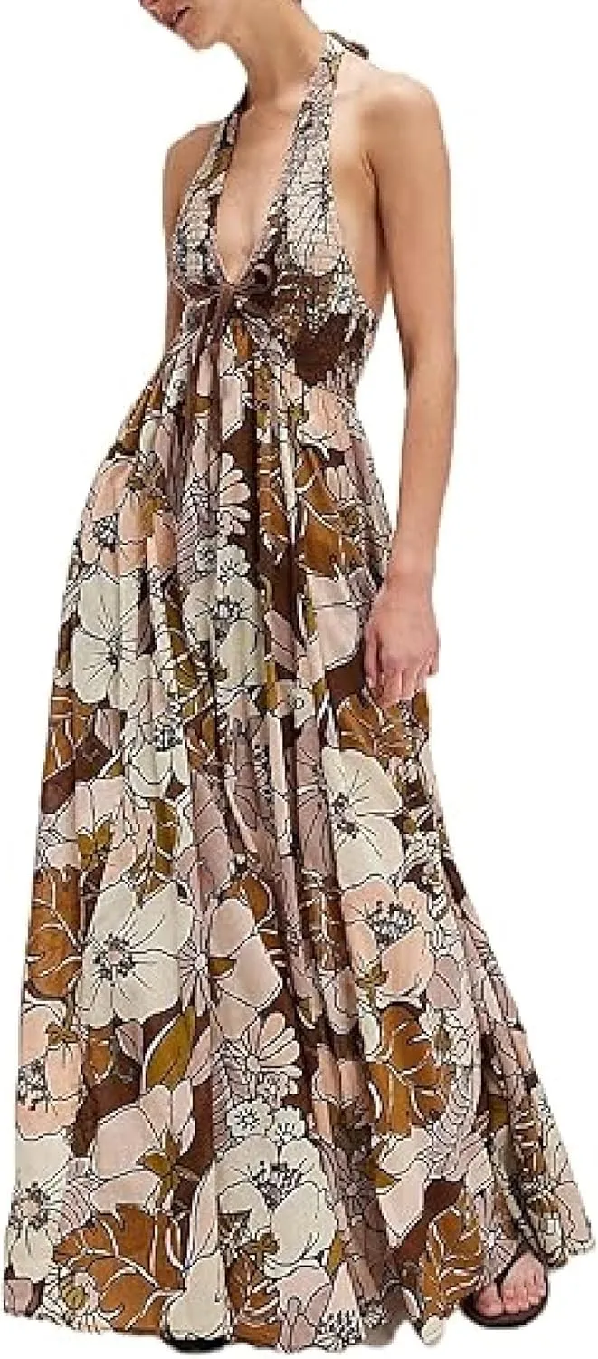 Women Boho Floral Halter Maxi Dress Sleeveless V Neck Backless Flowy Long Dresses Y2K Beach Vacation Summer Sundress