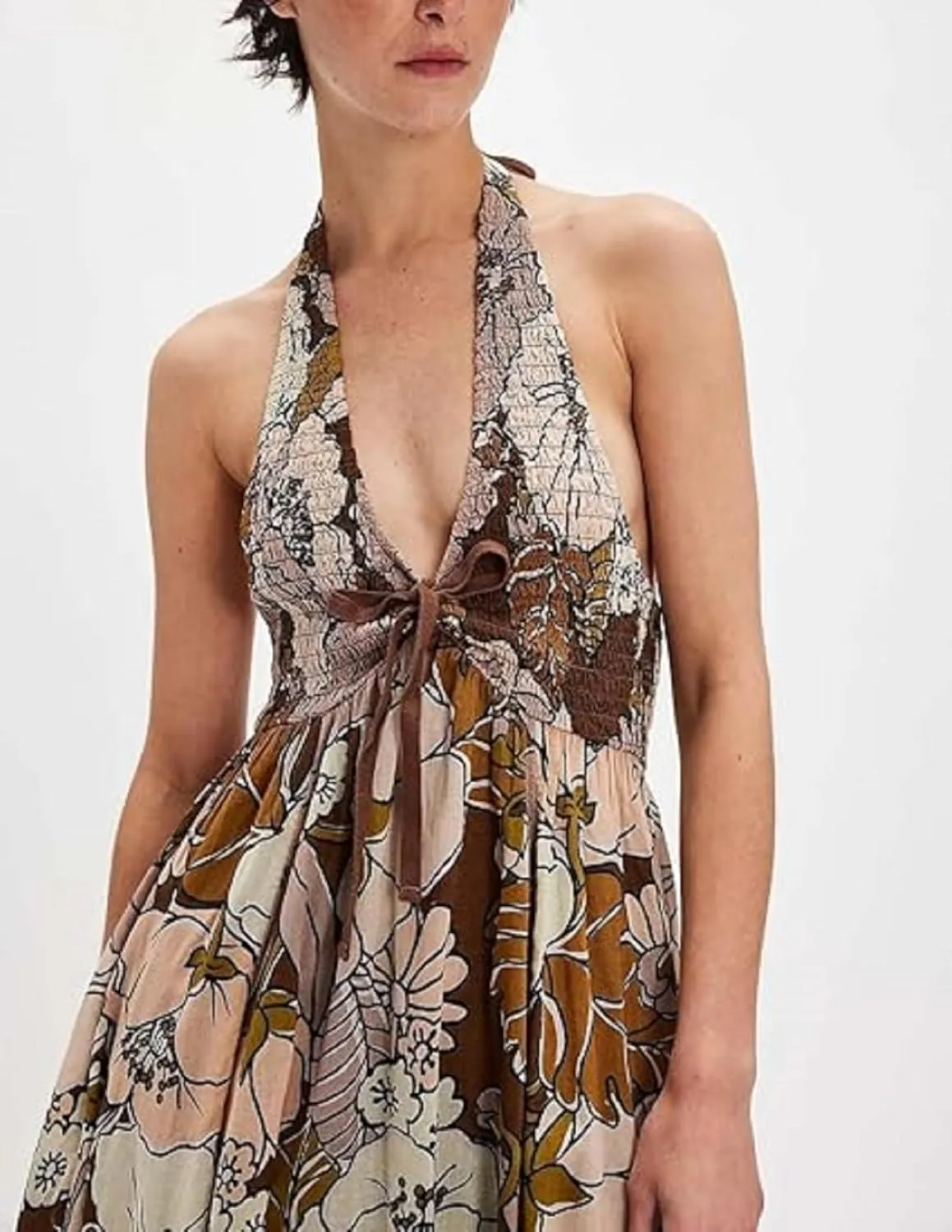 Women Boho Floral Halter Maxi Dress Sleeveless V Neck Backless Flowy Long Dresses Y2K Beach Vacation Summer Sundress