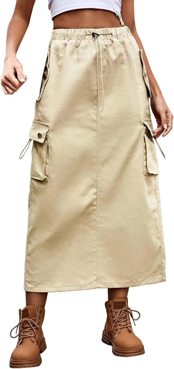 Women Cargo Long Skirt Long Cargo Skirts for Women Casual Solid High Waist A Line Long Skirt with Pocket Tennis