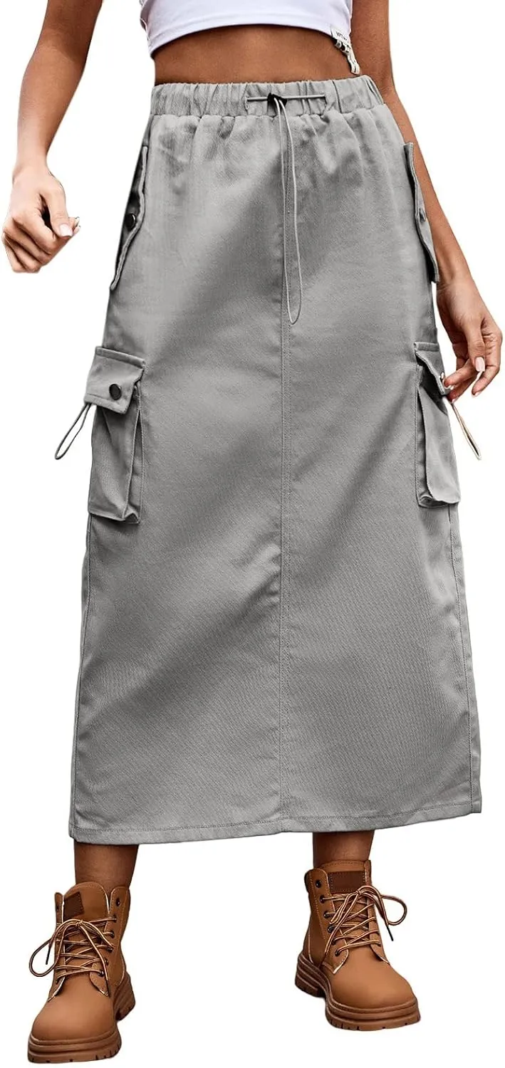 Women Cargo Long Skirt Long Cargo Skirts for Women Casual Solid High Waist A Line Long Skirt with Pocket Tennis