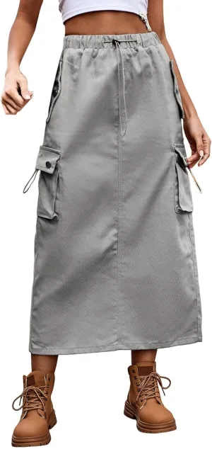 Women Cargo Long Skirt Long Cargo Skirts for Women Casual Solid High Waist A Line Long Skirt with Pocket Tennis
