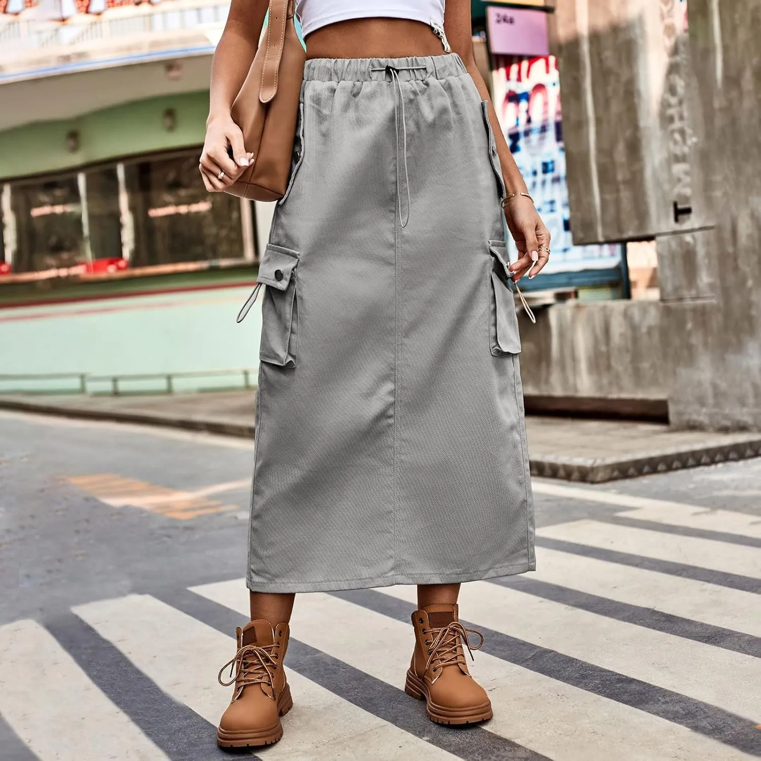 Women Cargo Long Skirt Long Cargo Skirts for Women Casual Solid High Waist A Line Long Skirt with Pocket Tennis