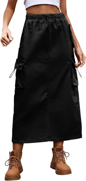 Women Cargo Long Skirt Long Cargo Skirts for Women Casual Solid High Waist A Line Long Skirt with Pocket Tennis