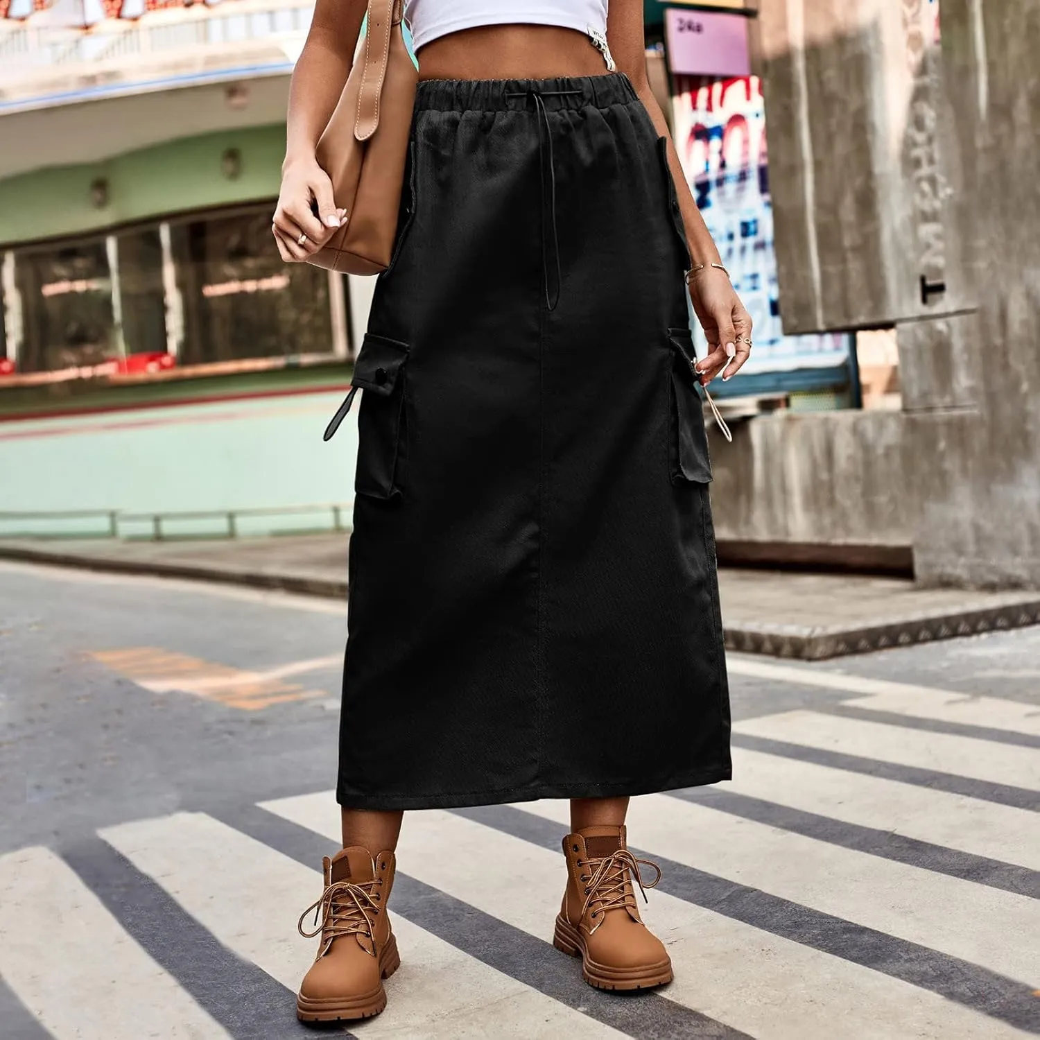 Women Cargo Long Skirt Long Cargo Skirts for Women Casual Solid High Waist A Line Long Skirt with Pocket Tennis