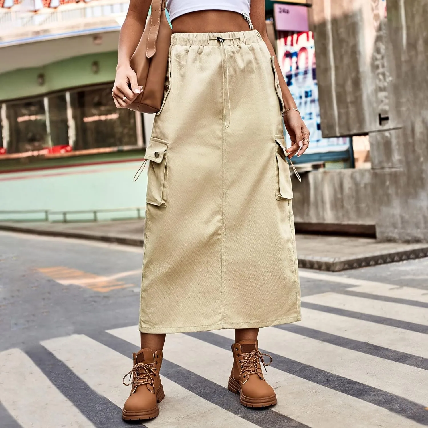 Women Cargo Long Skirt Long Cargo Skirts for Women Casual Solid High Waist A Line Long Skirt with Pocket Tennis