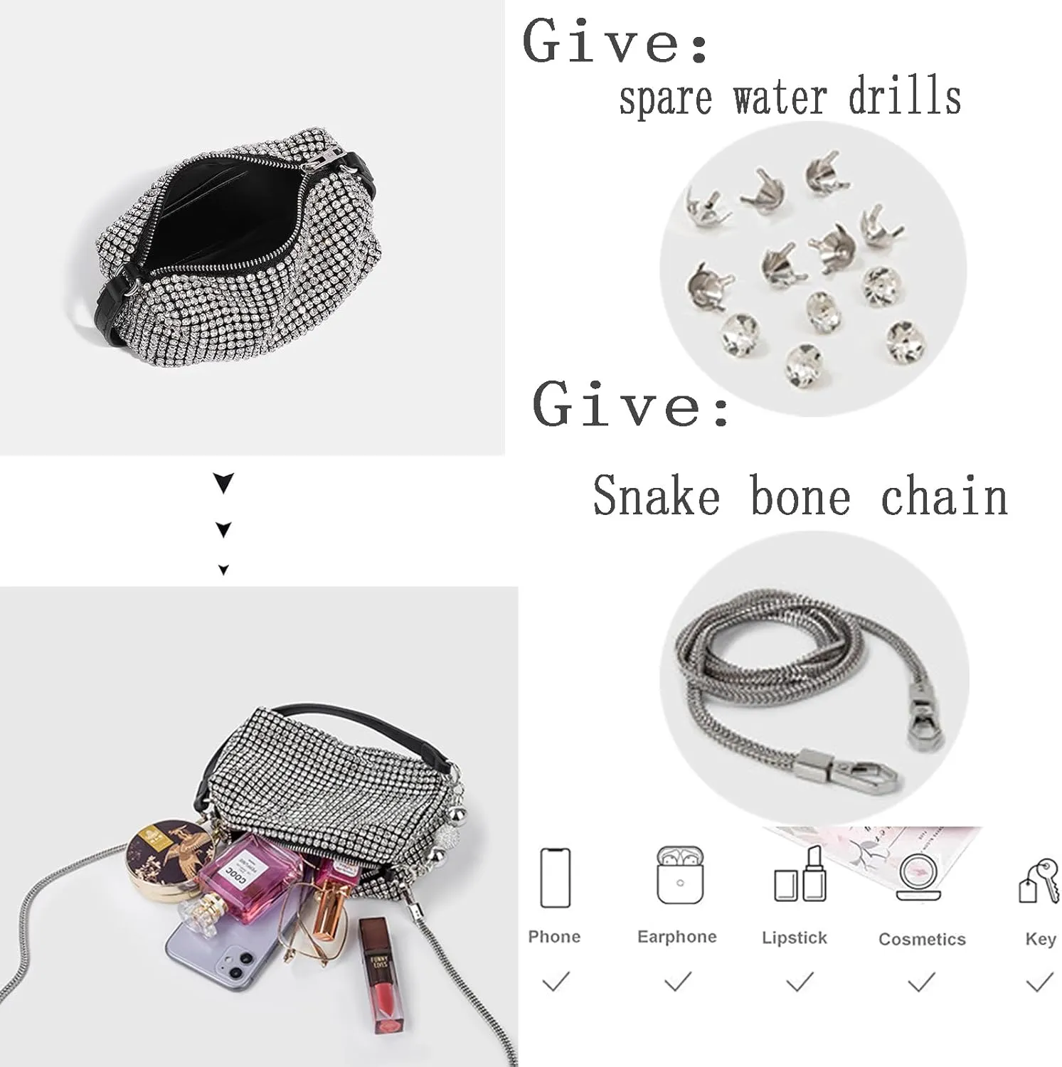 Women Clutch Evening Purses sparkly Handbags Crossbody Diamond Bag with Chain Strap for Party Wedding Engagement