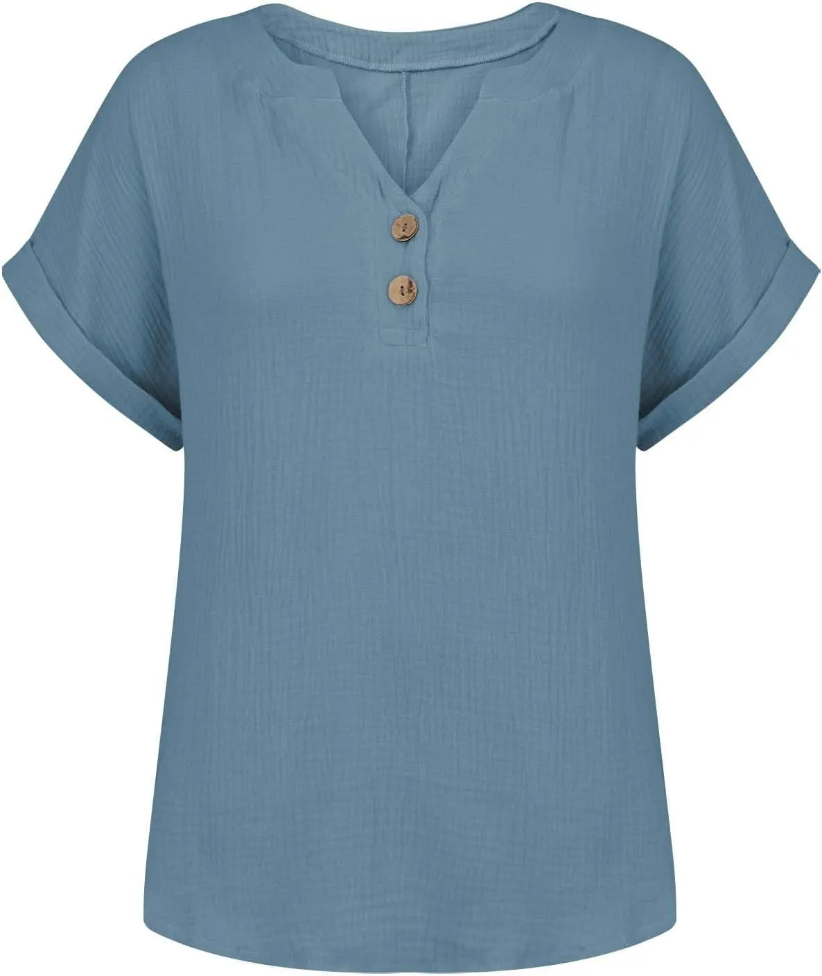 Women Cotton Linen V Neck Shirts Half Button Short Sleeve Rolled Up Work Tops Lightweight Vintage Blouses