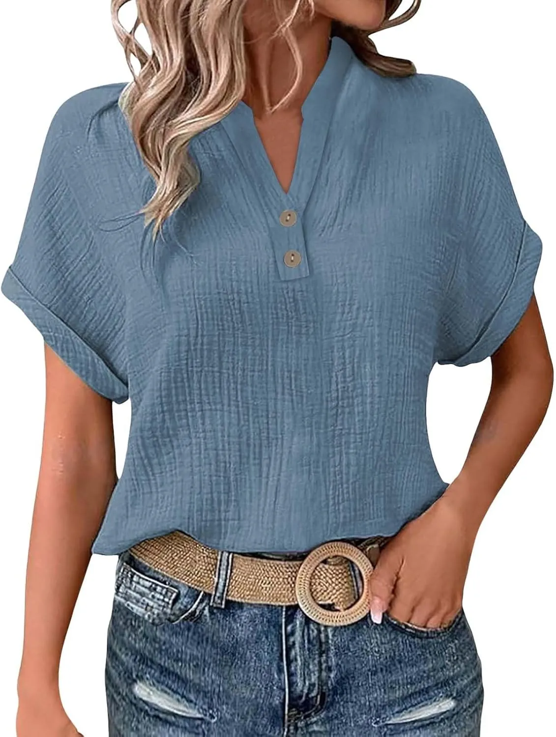 Women Cotton Linen V Neck Shirts Half Button Short Sleeve Rolled Up Work Tops Lightweight Vintage Blouses