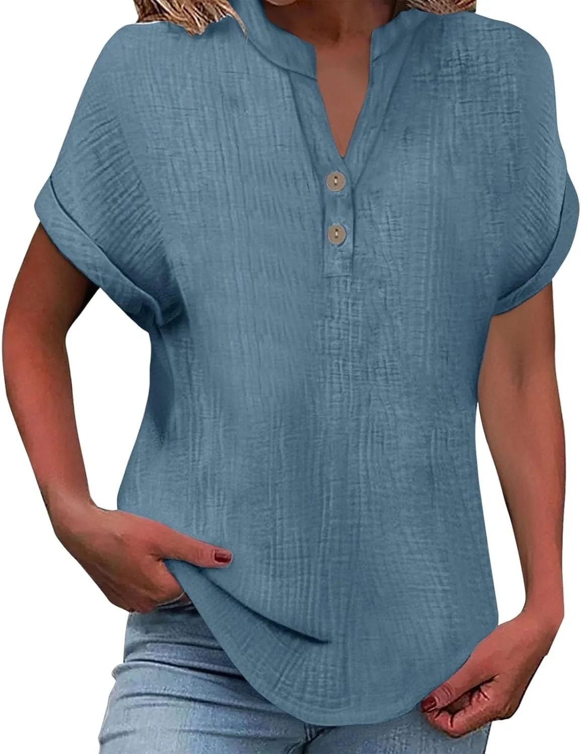 Women Cotton Linen V Neck Shirts Half Button Short Sleeve Rolled Up Work Tops Lightweight Vintage Blouses