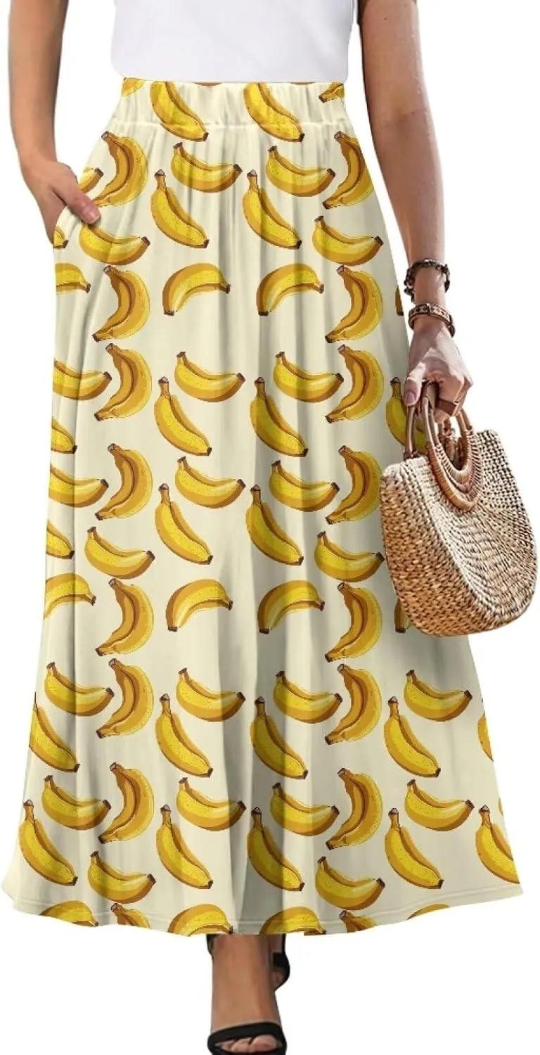 Women Elastic High Waist Skirts Flowy Skirts for Women with Pockets for Holidays Shopping Walking