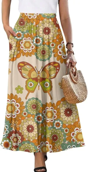Women Elastic High Waist Skirts Flowy Skirts for Women with Pockets for Holidays Shopping Walking