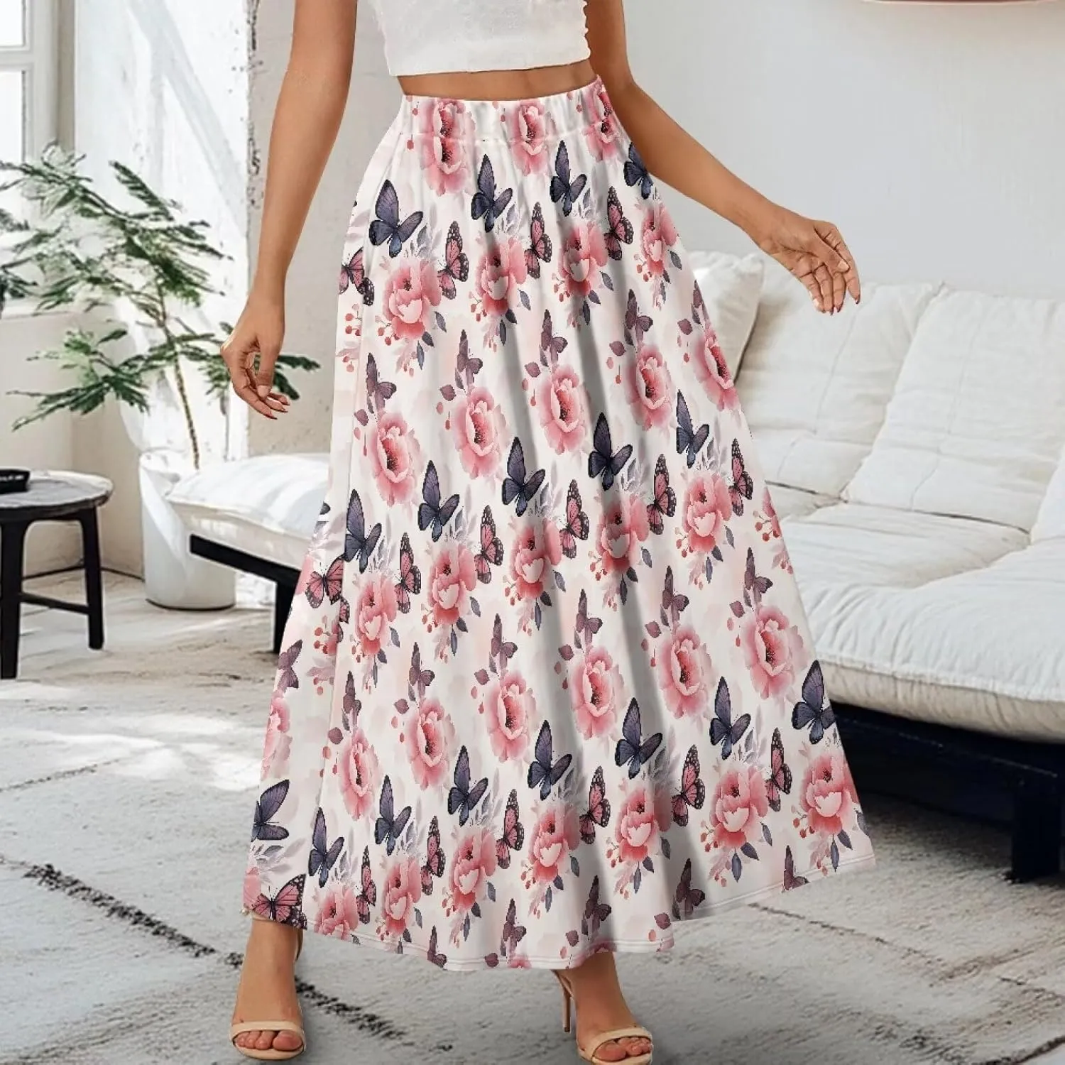 Women Elastic High Waist Skirts Flowy Skirts for Women with Pockets for Holidays Shopping Walking