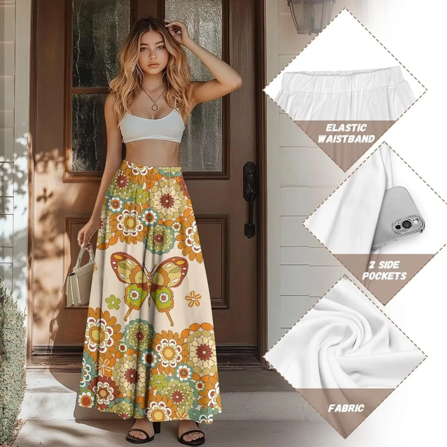 Women Elastic High Waist Skirts Flowy Skirts for Women with Pockets for Holidays Shopping Walking