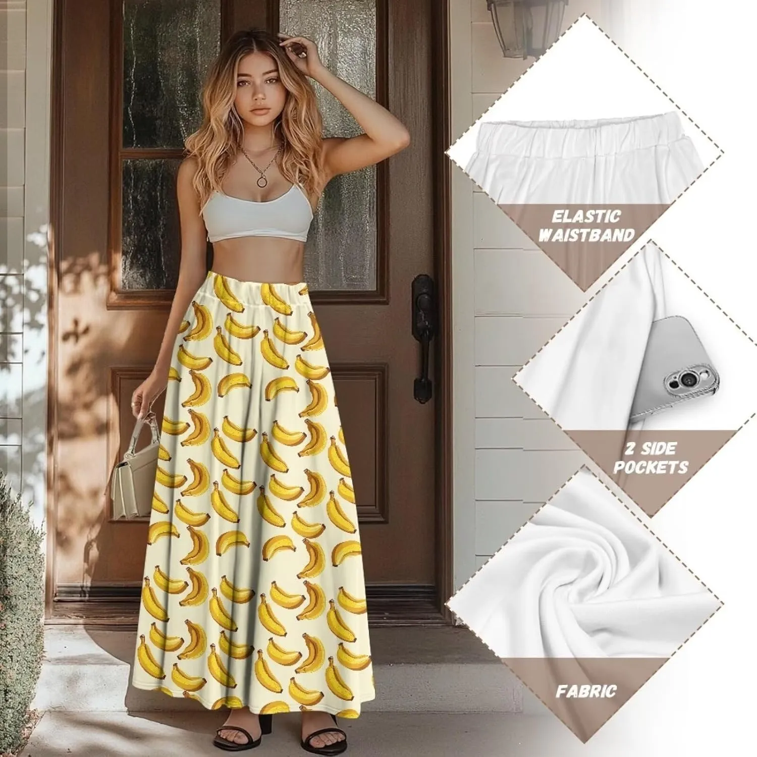 Women Elastic High Waist Skirts Flowy Skirts for Women with Pockets for Holidays Shopping Walking