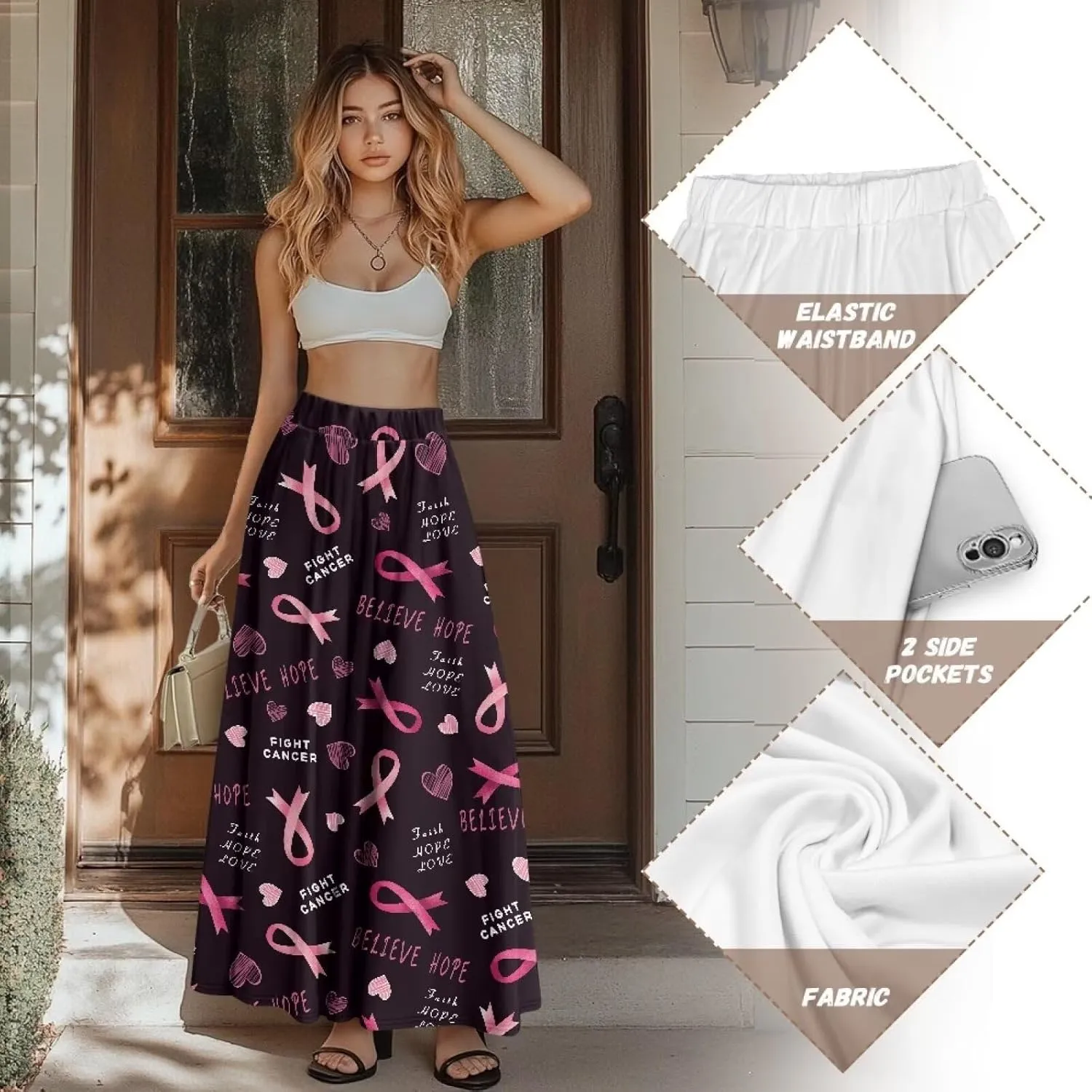 Women Elastic High Waist Skirts Flowy Skirts for Women with Pockets for Holidays Shopping Walking