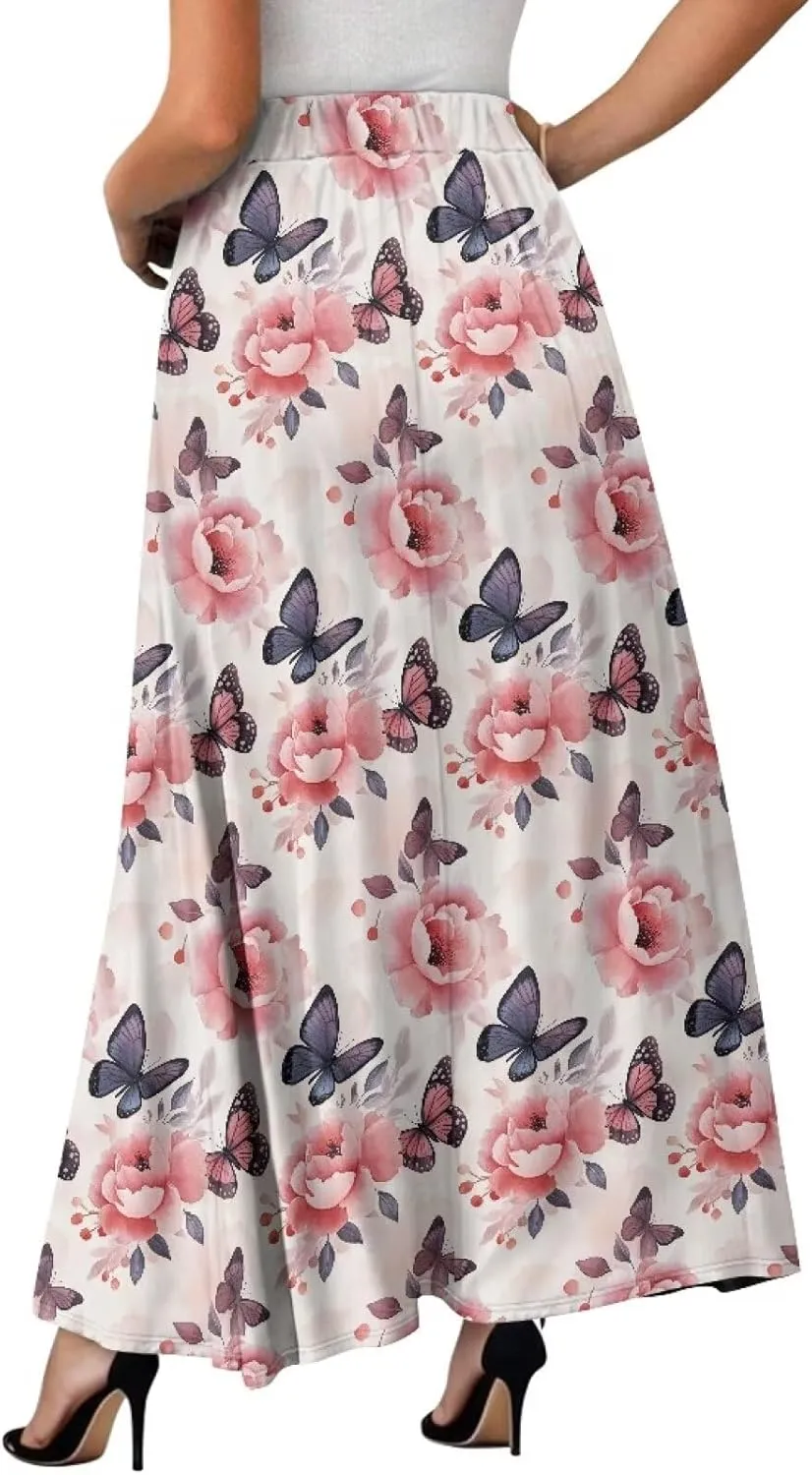 Women Elastic High Waist Skirts Flowy Skirts for Women with Pockets for Holidays Shopping Walking