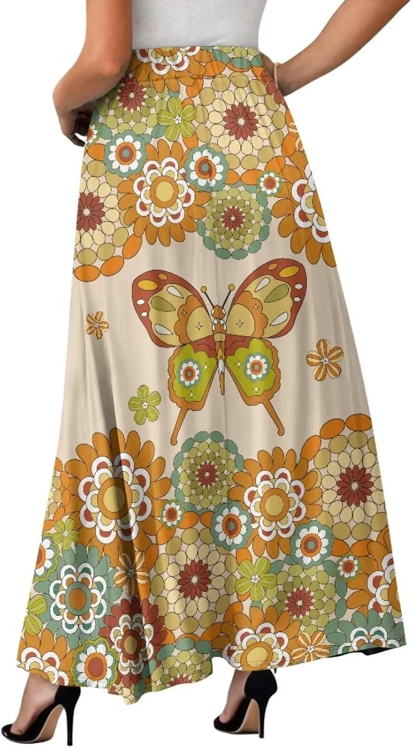 Women Elastic High Waist Skirts Flowy Skirts for Women with Pockets for Holidays Shopping Walking