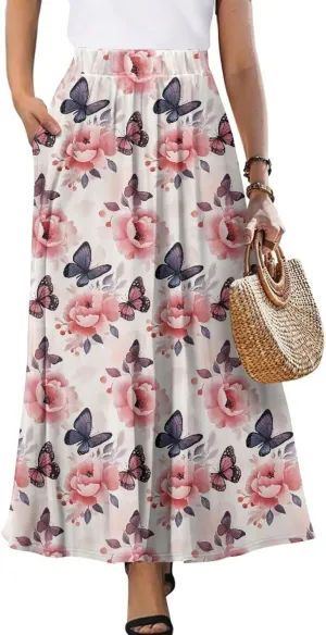 Women Elastic High Waist Skirts Flowy Skirts for Women with Pockets for Holidays Shopping Walking