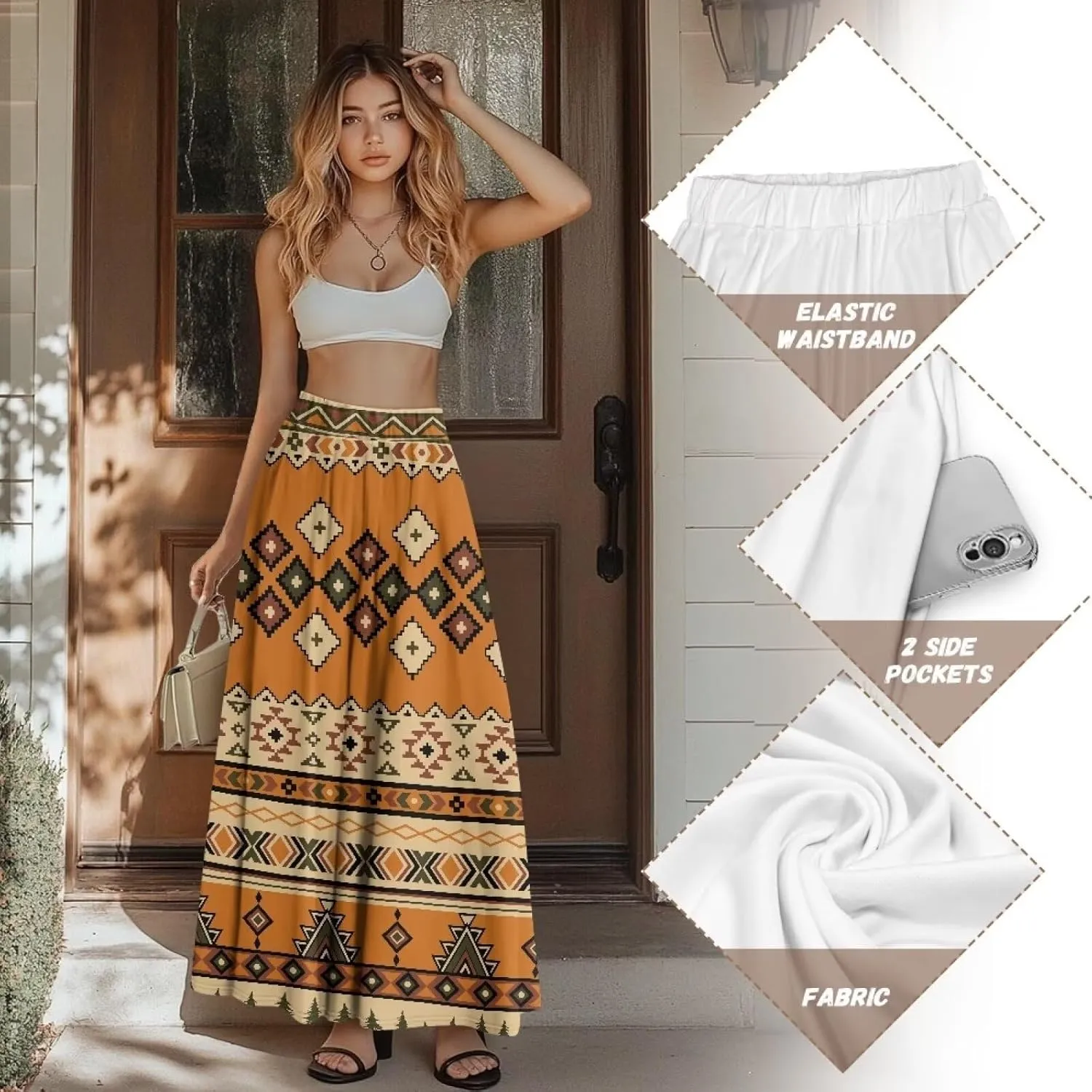 Women Elastic High Waist Skirts Flowy Skirts for Women with Pockets for Holidays Shopping Walking
