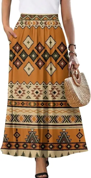 Women Elastic High Waist Skirts Flowy Skirts for Women with Pockets for Holidays Shopping Walking