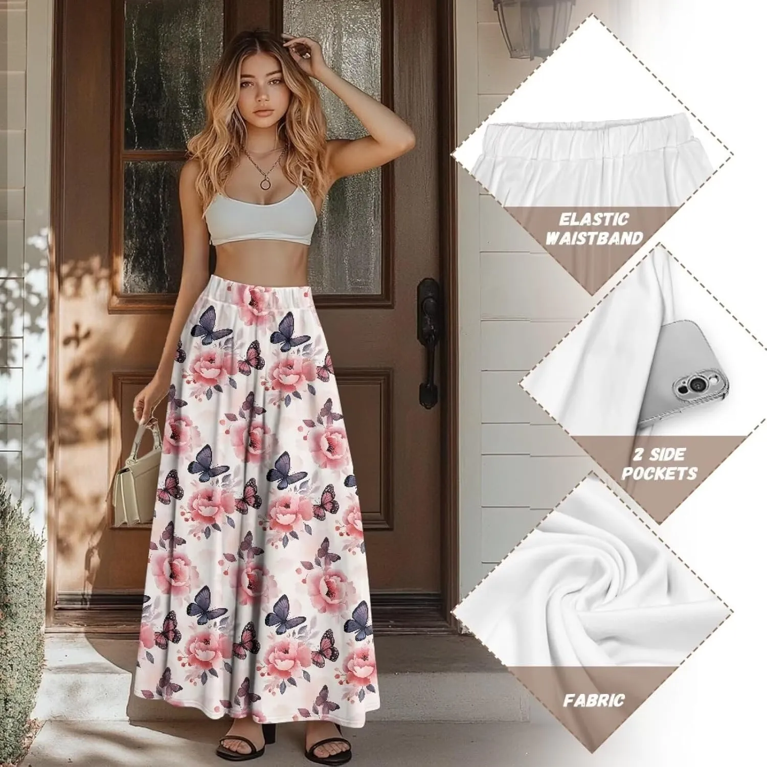 Women Elastic High Waist Skirts Flowy Skirts for Women with Pockets for Holidays Shopping Walking