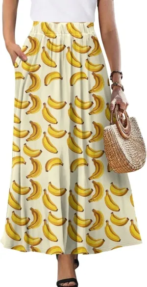Women Elastic High Waist Skirts Flowy Skirts for Women with Pockets for Holidays Shopping Walking