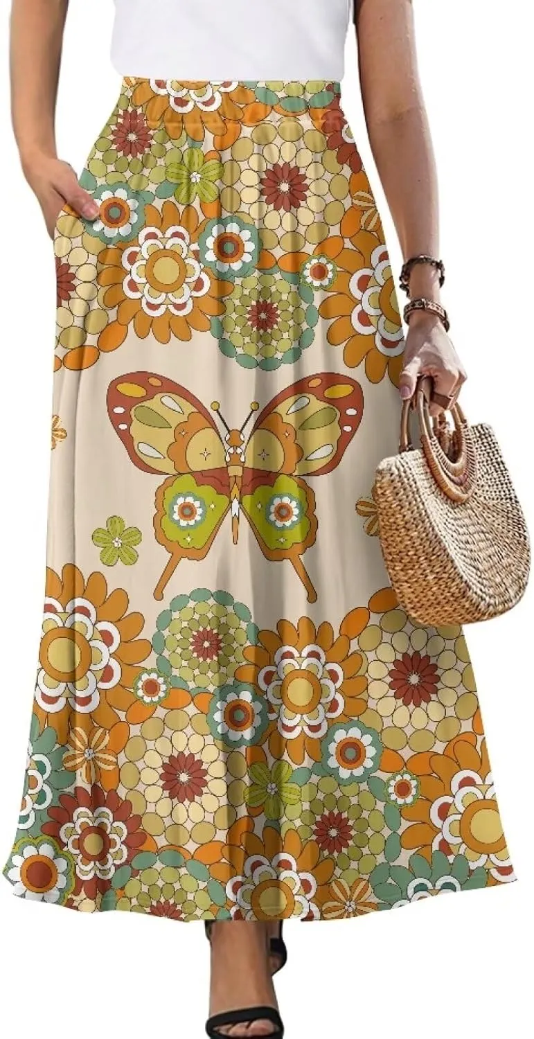 Women Elastic High Waist Skirts Flowy Skirts for Women with Pockets for Holidays Shopping Walking