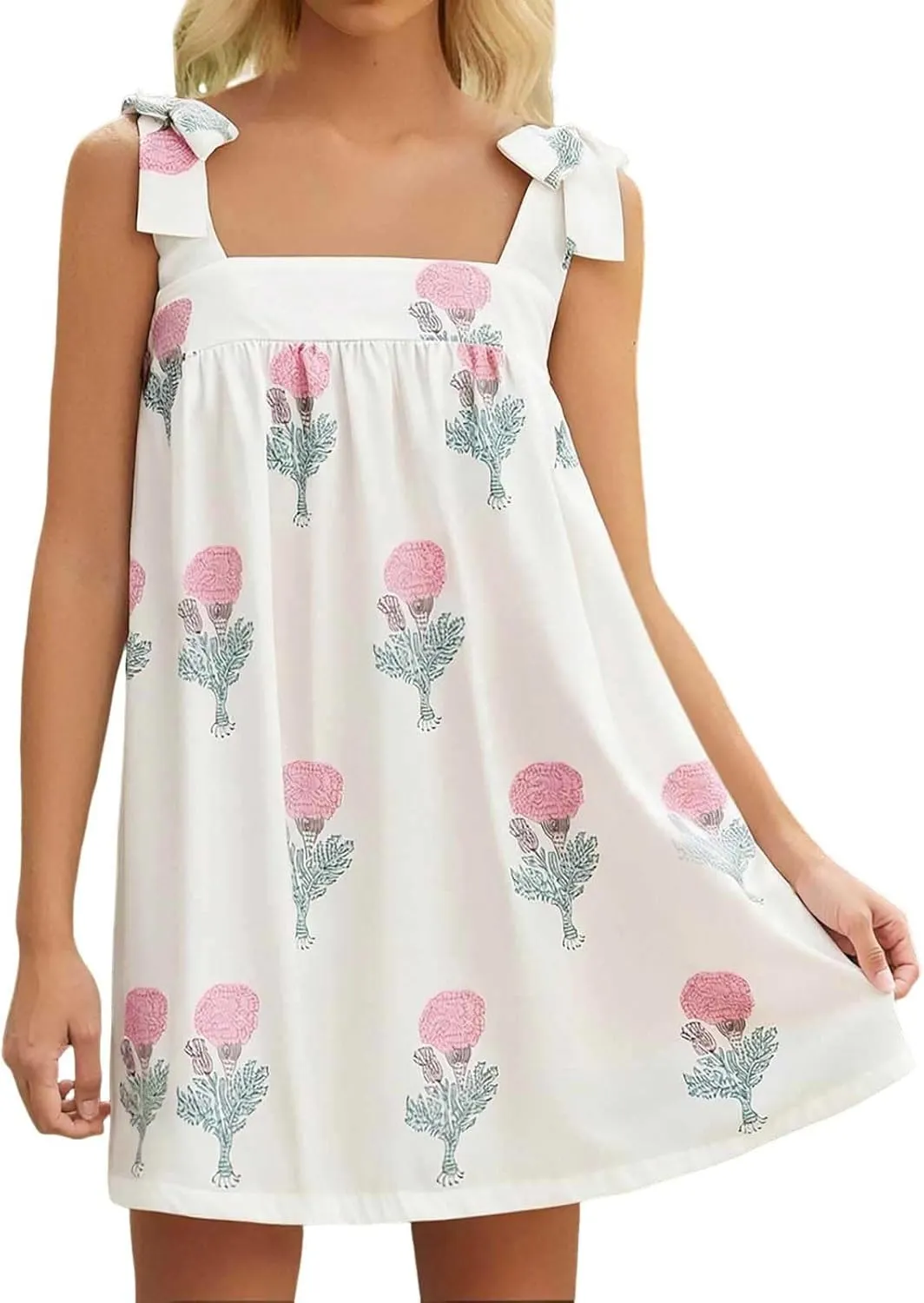 Women Floral Tie Shoulder Mini Dress Cute Square Neck Loose Fit Beach Short Dress Backless Boho Summer Vocation Sundress