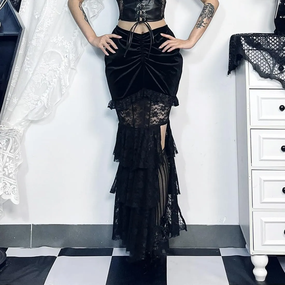 Women Goth Skirts Bodycon Mesh Lace Gothic Emo Tiered Long Maxi Skirt Pencil Skirts