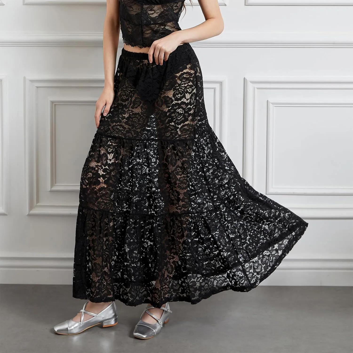 Women Lace Maxi Skirts Sexy Sheer Mesh Bodycon Long Skirts High Waist Summer Cover Up Beach Skirts