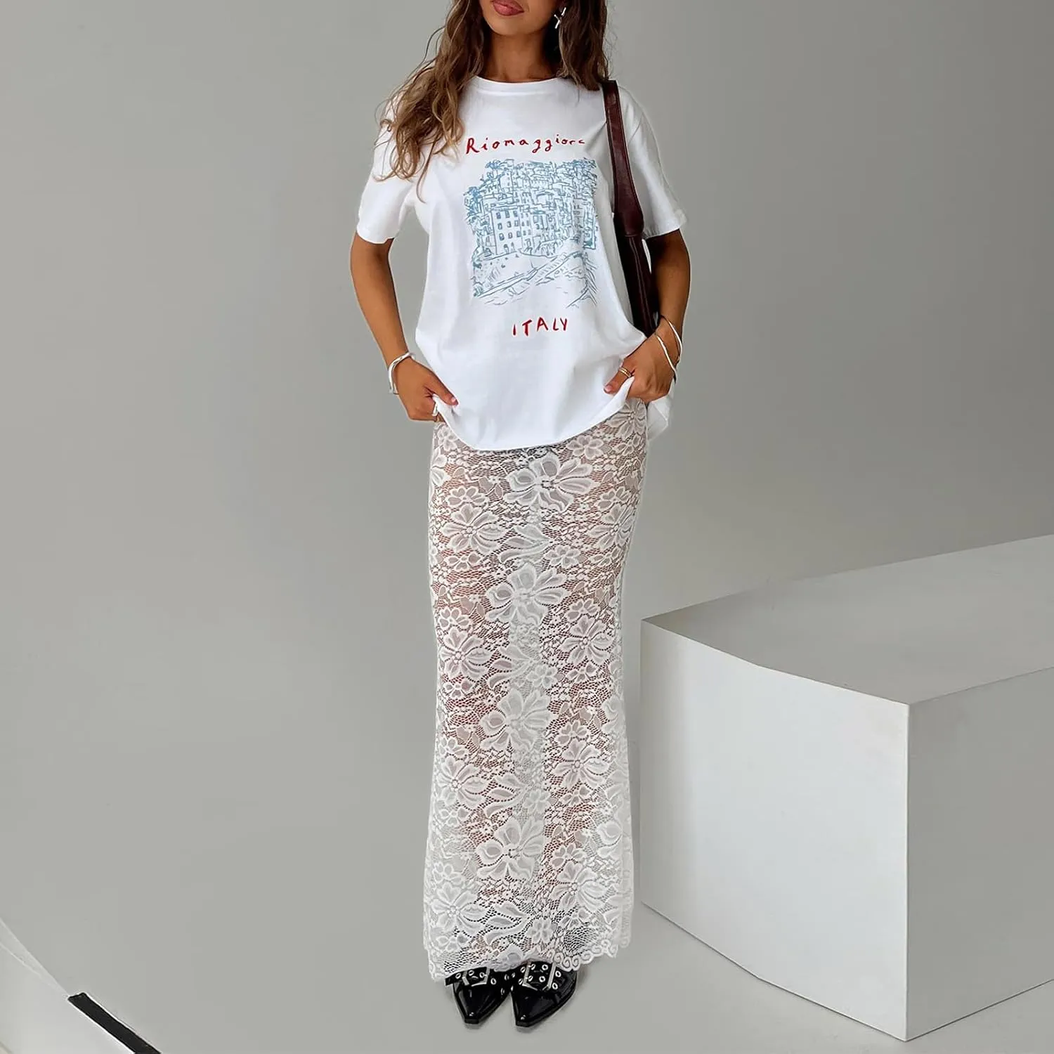 Women Lace Maxi Skirts Sexy Sheer Mesh Bodycon Long Skirts High Waist Summer Cover Up Beach Skirts