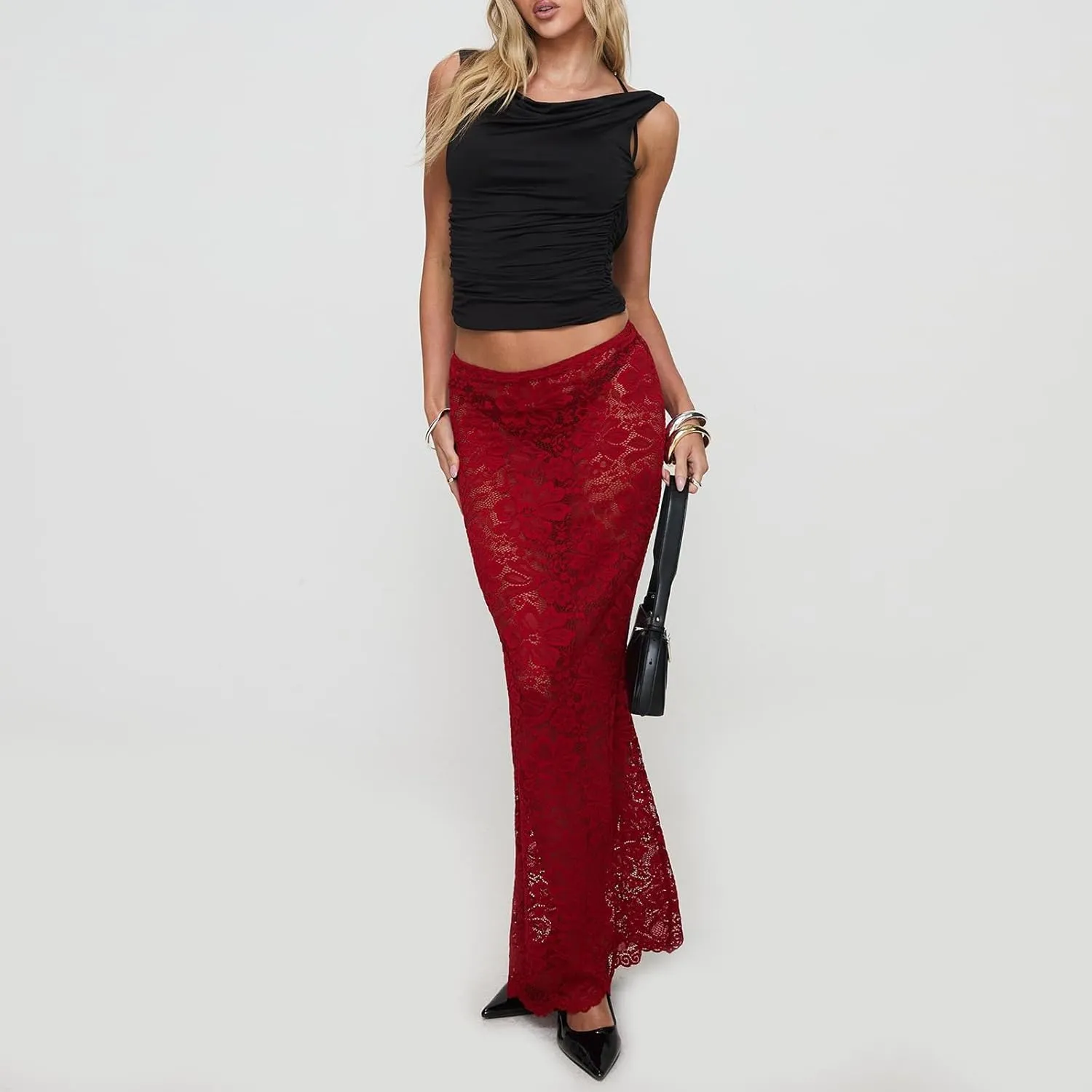 Women Lace Maxi Skirts Sexy Sheer Mesh Bodycon Long Skirts High Waist Summer Cover Up Beach Skirts