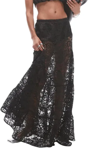 Women Lace Maxi Skirts Sexy Sheer Mesh Bodycon Long Skirts High Waist Summer Cover Up Beach Skirts