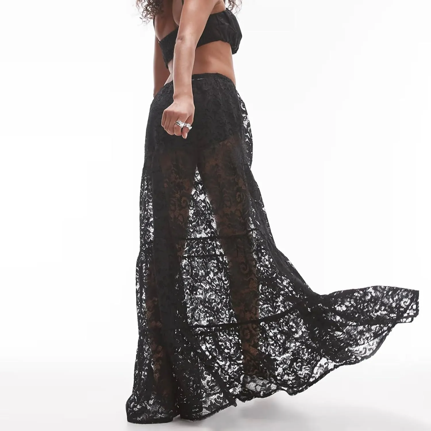 Women Lace Maxi Skirts Sexy Sheer Mesh Bodycon Long Skirts High Waist Summer Cover Up Beach Skirts