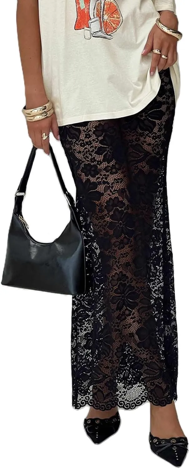 Women Lace Maxi Skirts Sexy Sheer Mesh Bodycon Long Skirts High Waist Summer Cover Up Beach Skirts
