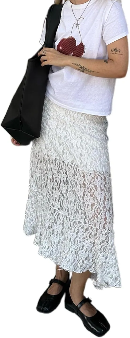 Women Lace Maxi Skirts Sexy Sheer Mesh Bodycon Long Skirts High Waist Summer Cover Up Beach Skirts