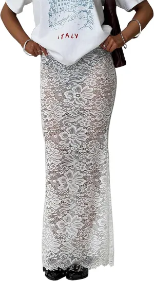 Women Lace Maxi Skirts Sexy Sheer Mesh Bodycon Long Skirts High Waist Summer Cover Up Beach Skirts