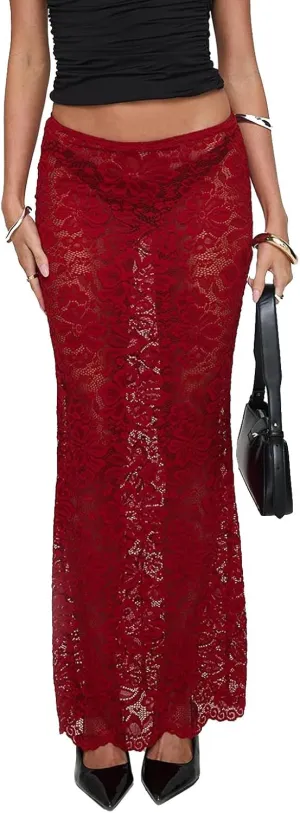 Women Lace Maxi Skirts Sexy Sheer Mesh Bodycon Long Skirts High Waist Summer Cover Up Beach Skirts