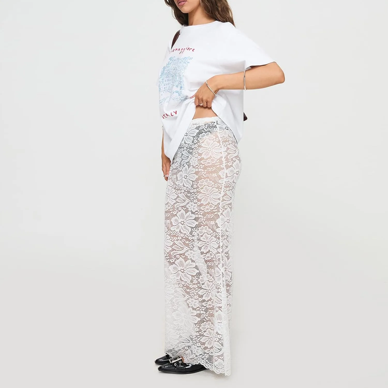 Women Lace Maxi Skirts Sexy Sheer Mesh Bodycon Long Skirts High Waist Summer Cover Up Beach Skirts